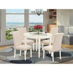 5Pc Dining Set, Small Round Dinette Table, Four Parson Chairs, Light Beige Fabric, White Finish