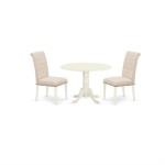 3Pc Dinette Set, Small Rounded Kitchen Table, Drop Leaves, Two Parson Chairs, Light Beige Fabric, White