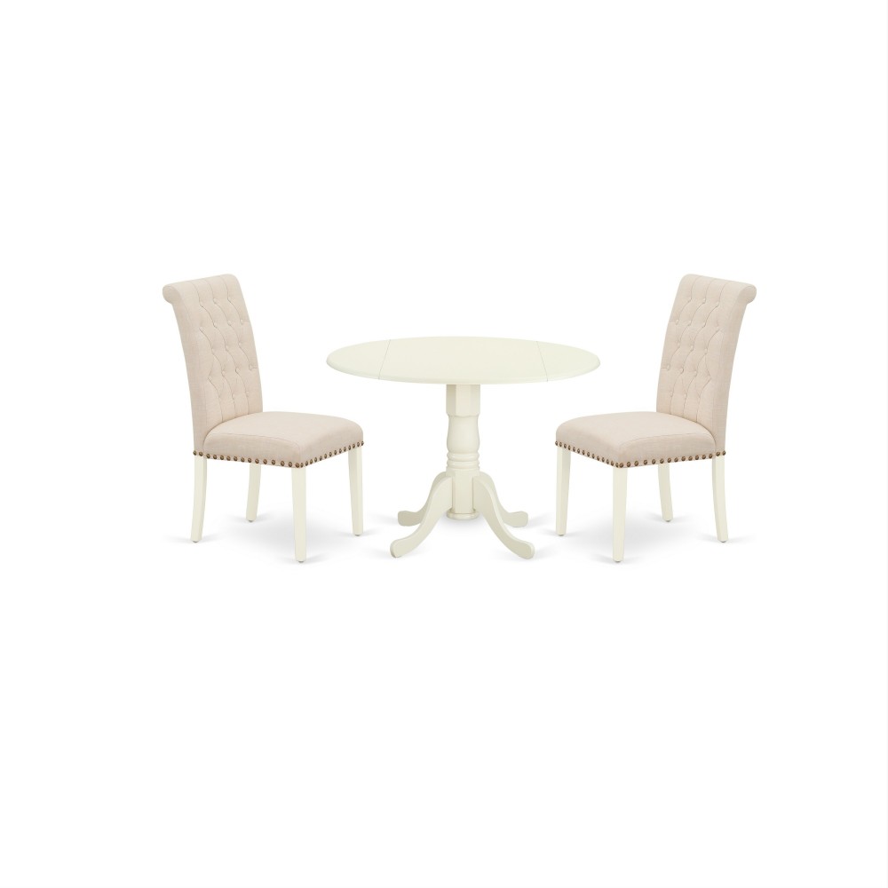 3Pc Dinette Set, Small Rounded Kitchen Table, Drop Leaves, Two Parson Chairs, Light Beige Fabric, White 3Pc Dinette Set, Small Rounded Kitchen Table, Drop Leaves, Two Parson Chairs, Light Beige Fabric, White