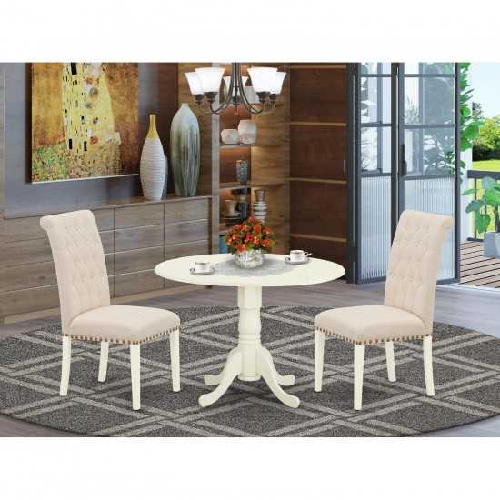 3Pc Dinette Set, Small Rounded Kitchen Table, Drop Leaves, Two Parson Chairs, Light Beige Fabric, White