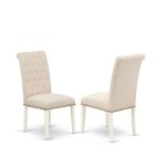 3Pc Dinette Set, Small Rounded Kitchen Table, Drop Leaves, Two Parson Chairs, Light Beige Fabric, White