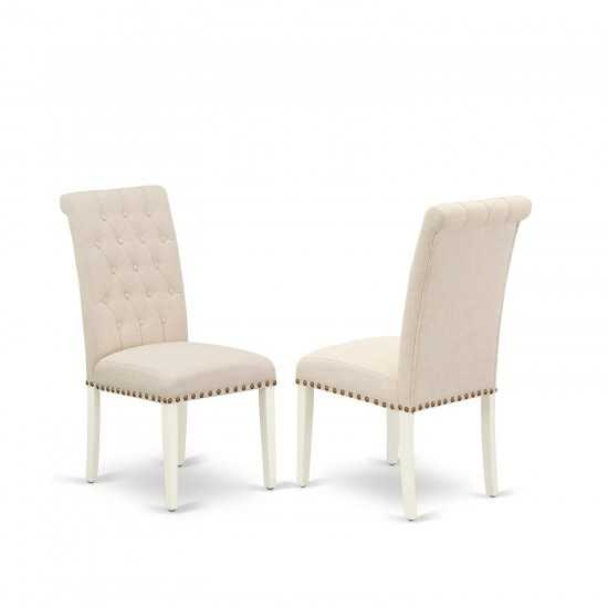 3Pc Dinette Set, Small Rounded Kitchen Table, Drop Leaves, Two Parson Chairs, Light Beige Fabric, White