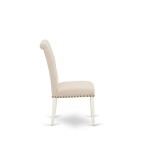 3Pc Dinette Set, Small Rounded Kitchen Table, Drop Leaves, Two Parson Chairs, Light Beige Fabric, White