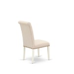 3Pc Dinette Set, Small Rounded Kitchen Table, Drop Leaves, Two Parson Chairs, Light Beige Fabric, White