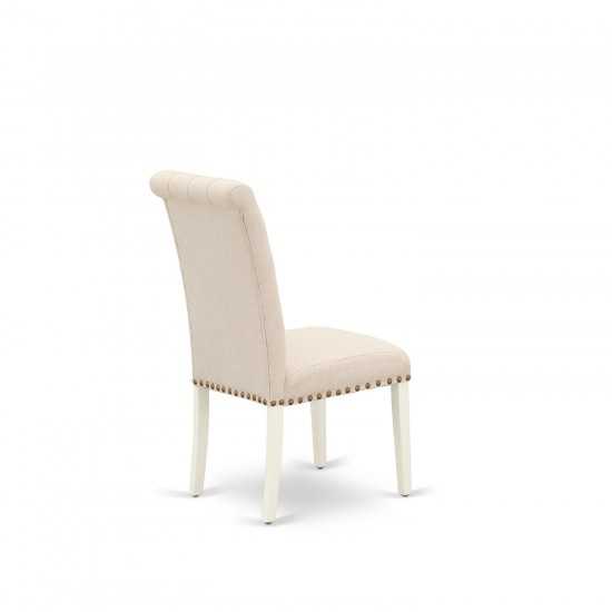 3Pc Dinette Set, Small Rounded Kitchen Table, Drop Leaves, Two Parson Chairs, Light Beige Fabric, White