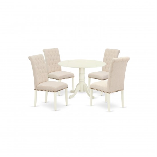 5Pc Dining Set, Small Round Dinette Table, Drop Leaves, Four Parson Chairs, Light Beige Fabric, White