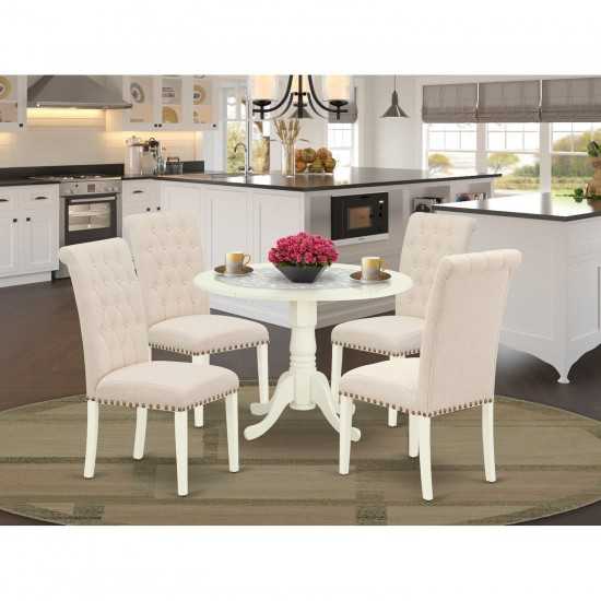 5Pc Dining Set, Small Round Dinette Table, Drop Leaves, Four Parson Chairs, Light Beige Fabric, White