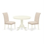 3Pc Dinette Set, Rounded Kitchen Table, Two Parson Chairs, Light Beige Fabric, Linen White Finish