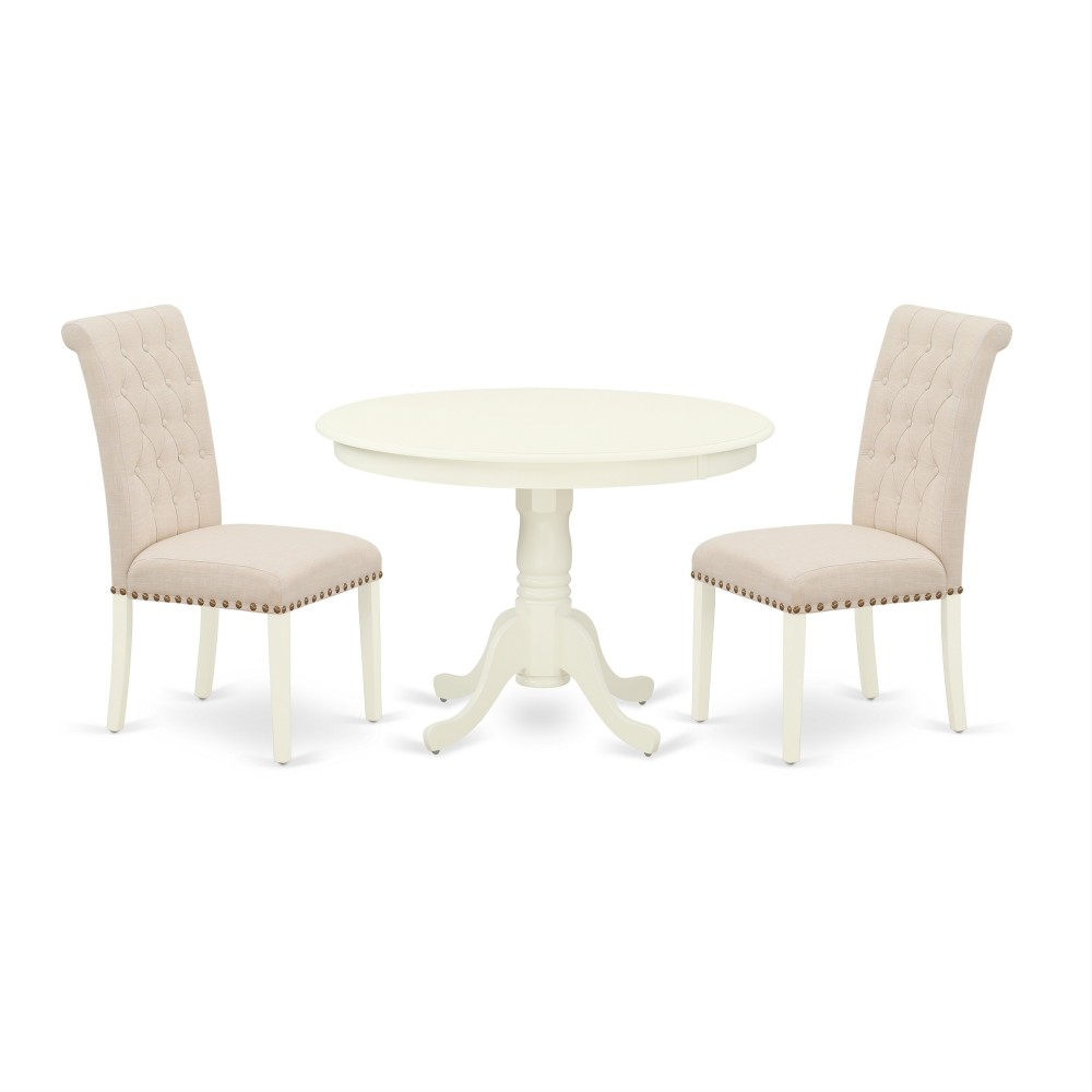 3Pc Dinette Set, Rounded Kitchen Table, Two Parson Chairs, Light Beige Fabric, Linen White Finish