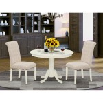 3Pc Dinette Set, Rounded Kitchen Table, Two Parson Chairs, Light Beige Fabric, Linen White Finish