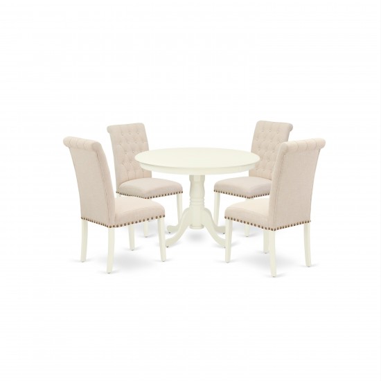 5Pc Dining Set, Round Dinette Table, Four Parson Chairs, Light Beige Fabric, Linen White Finish