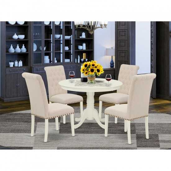 5Pc Dining Set, Round Dinette Table, Four Parson Chairs, Light Beige Fabric, Linen White Finish