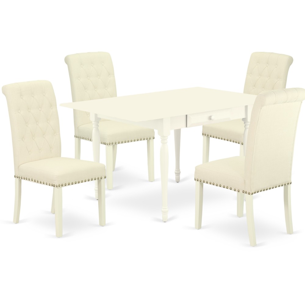 5Pc Dinette Set, Table, 4 Parsons Dining Chairs, Light Beige Color, Drop Leaf Table, Linen White