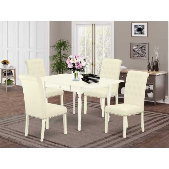 5Pc Dinette Set, Table, 4 Parsons Dining Chairs, Light Beige Color, Drop Leaf Table, Linen White