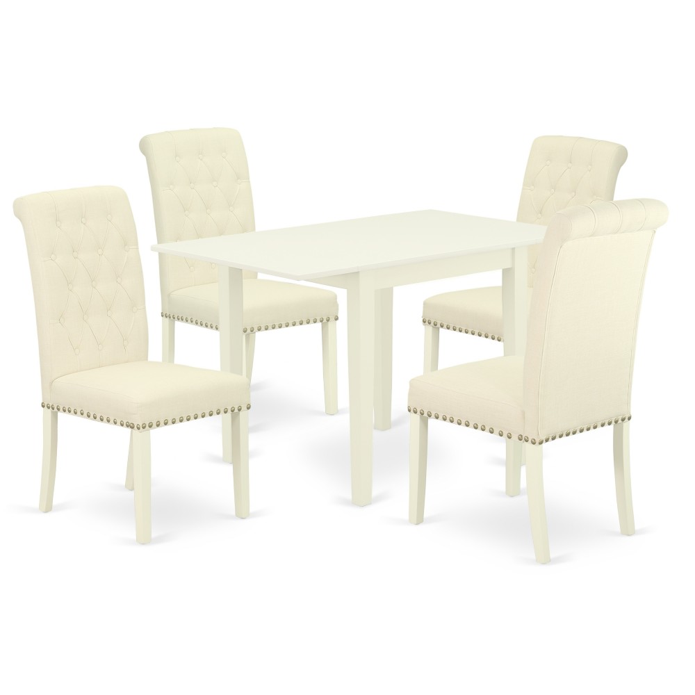 Wooden Dining Set 5 Pc, Four Chairs, Table, Linen White Finish Solid Wood, Light Beige Color