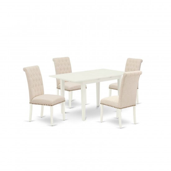 5Pc Rectangle Dinette Set, Nail Head Chairs, Butterfly Leaf Dining Table, Linen White