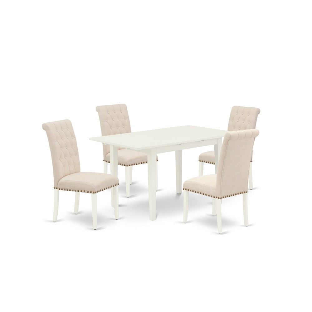 5Pc Rectangle Dinette Set, Nail Head Chairs, Butterfly Leaf Dining Table, Linen White