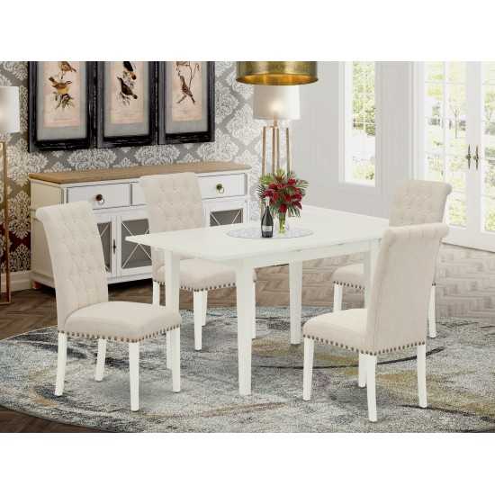 5Pc Rectangle Dinette Set, Nail Head Chairs, Butterfly Leaf Dining Table, Linen White