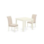 3Pc Dinette Set, Square Kitchen Table, Two Parson Chairs, Light Beige Fabric, Linen White Finish