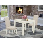 3Pc Dinette Set, Square Kitchen Table, Two Parson Chairs, Light Beige Fabric, Linen White Finish