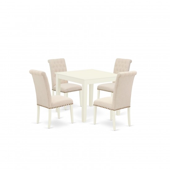 5Pc Dining Set, Square Dinette Table, Four Parson Chairs, Light Beige Fabric, Linen White Finish