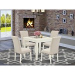 5Pc Dining Set, Square Dinette Table, Four Parson Chairs, Light Beige Fabric, Linen White Finish