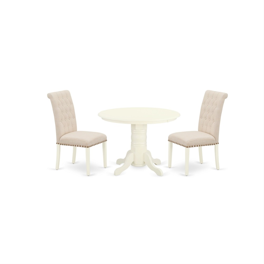 3Pc Dinette Set, Round Dining Table, Two Parson Chairs, Light Beige Fabric, White Finish