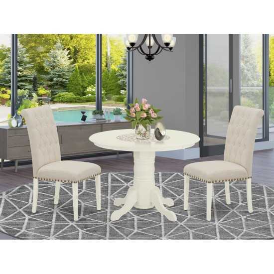 3Pc Dinette Set, Round Dining Table, Two Parson Chairs, Light Beige Fabric, White Finish