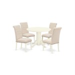 5Pc Dining Set, Round Table, Four Parson Chairs, Light Beige Fabric, White Finish