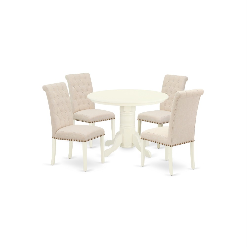 5Pc Dining Set, Round Table, Four Parson Chairs, Light Beige Fabric, White Finish