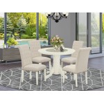 5Pc Dining Set, Round Table, Four Parson Chairs, Light Beige Fabric, White Finish