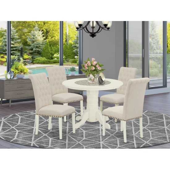 5Pc Dining Set, Round Table, Four Parson Chairs, Light Beige Fabric, White Finish