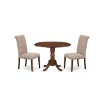 3Pc Dinette Set, Rounded Kitchen Table, Drop Leaves, Two Parson Chairs, Light Fawn Fabric, Mahogany