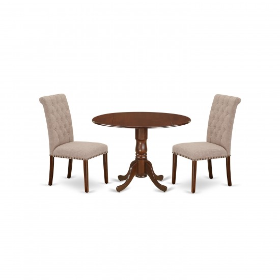 3Pc Dinette Set, Rounded Kitchen Table, Drop Leaves, Two Parson Chairs, Light Fawn Fabric, Mahogany