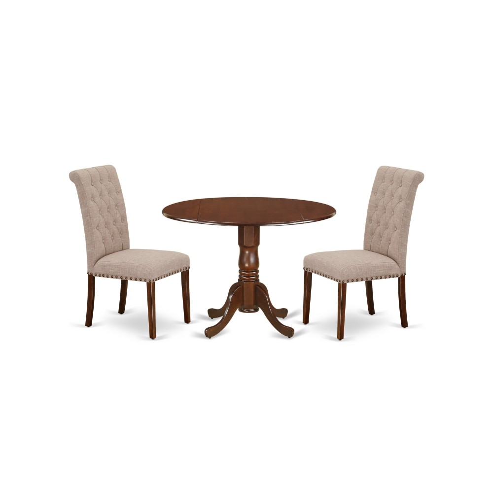 3Pc Dinette Set, Rounded Kitchen Table, Drop Leaves, Two Parson Chairs, Light Fawn Fabric, Mahogany