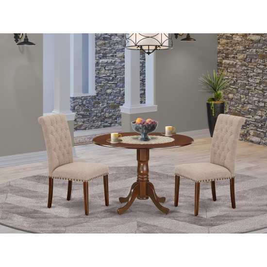 3Pc Dinette Set, Rounded Kitchen Table, Drop Leaves, Two Parson Chairs, Light Fawn Fabric, Mahogany