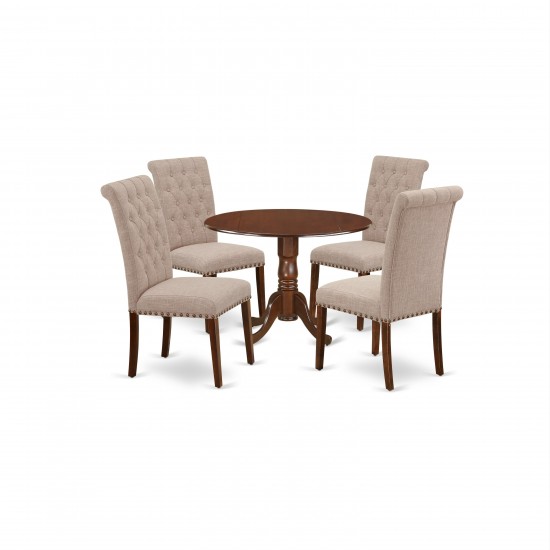 5Pc Dining Set, Round Dinette Table, Drop Leaves, Four Parson Chairs, Light Fawn Fabric, Mahogany