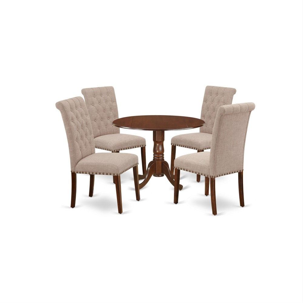 5Pc Dining Set, Round Dinette Table, Drop Leaves, Four Parson Chairs, Light Fawn Fabric, Mahogany