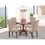 5Pc Dining Set, Round Dinette Table, Drop Leaves, Four Parson Chairs, Light Fawn Fabric, Mahogany