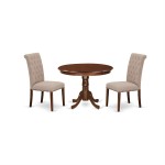 3Pc Dinette Set, Rounded Kitchen Table, Two Parson Chairs, Light Fawn Fabric, Mahogany Finish