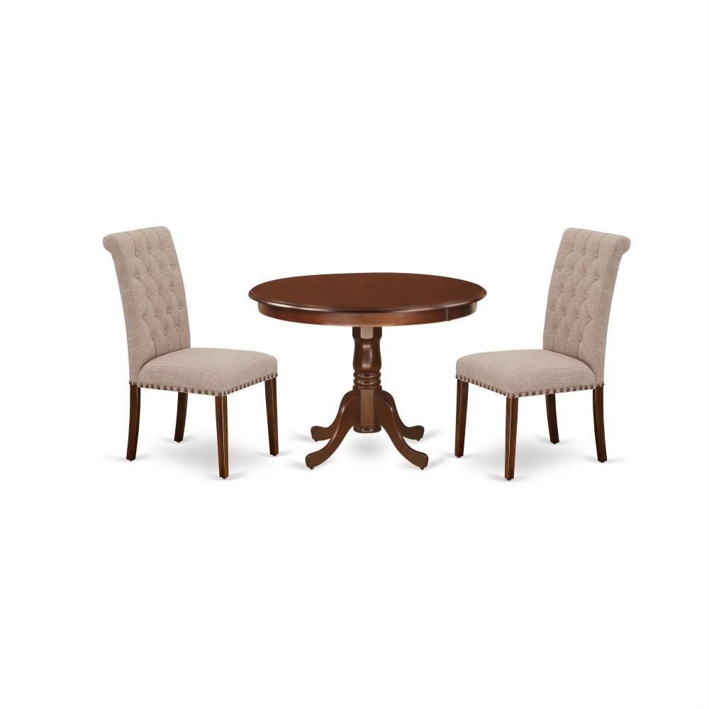 3Pc Dinette Set, Rounded Kitchen Table, Two Parson Chairs, Light Fawn Fabric, Mahogany Finish 3Pc Dinette Set, Rounded Kitchen Table, Two Parson Chairs, Light Fawn Fabric, Mahogany Finish
