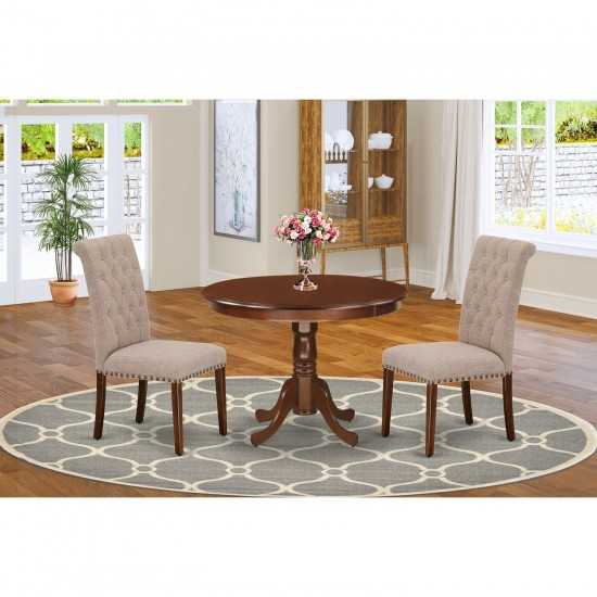 3Pc Dinette Set, Rounded Kitchen Table, Two Parson Chairs, Light Fawn Fabric, Mahogany Finish