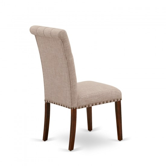 3Pc Dinette Set, Rounded Kitchen Table, Two Parson Chairs, Light Fawn Fabric, Mahogany Finish
