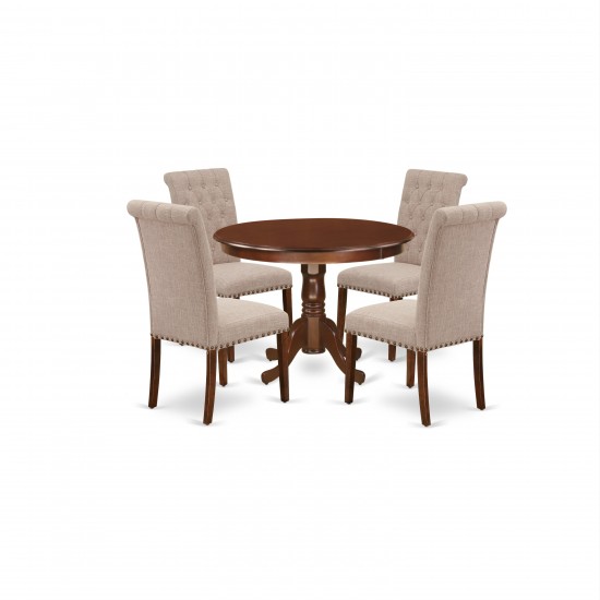 5Pc Dining Set, Round Dinette Table, Four Parson Chairs, Light Fawn Fabric, Mahogany Finish