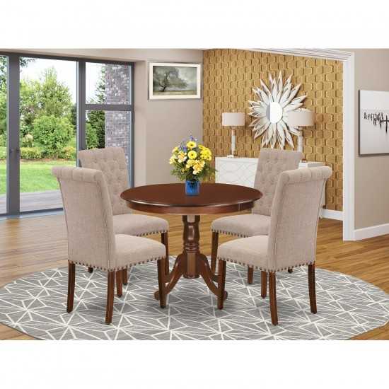 5Pc Dining Set, Round Dinette Table, Four Parson Chairs, Light Fawn Fabric, Mahogany Finish