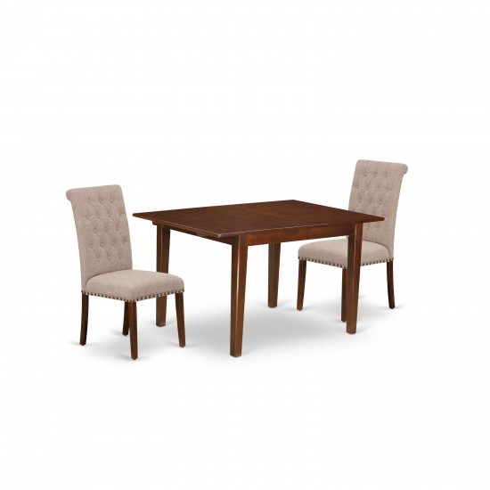 3Pc Dinette Set, Rectangular Kitchen Table, Butterfly Leaf, Two Parson Chairs, Light Fawn Fabric, Mahogany