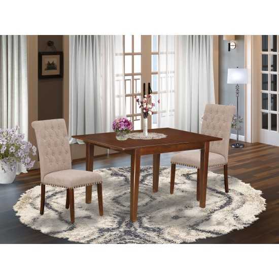 3Pc Dinette Set, Rectangular Kitchen Table, Butterfly Leaf, Two Parson Chairs, Light Fawn Fabric, Mahogany