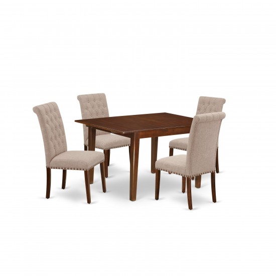 5Pc Dining Set, Rectangle Dinette Table, Butterfly Leaf, Four Parson Chairs, Light Fawn Fabric, Mahogany