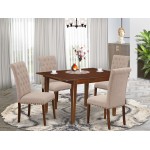 5Pc Dining Set, Rectangle Dinette Table, Butterfly Leaf, Four Parson Chairs, Light Fawn Fabric, Mahogany