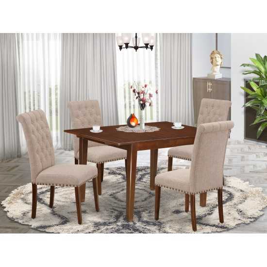 5Pc Dining Set, Rectangle Dinette Table, Butterfly Leaf, Four Parson Chairs, Light Fawn Fabric, Mahogany